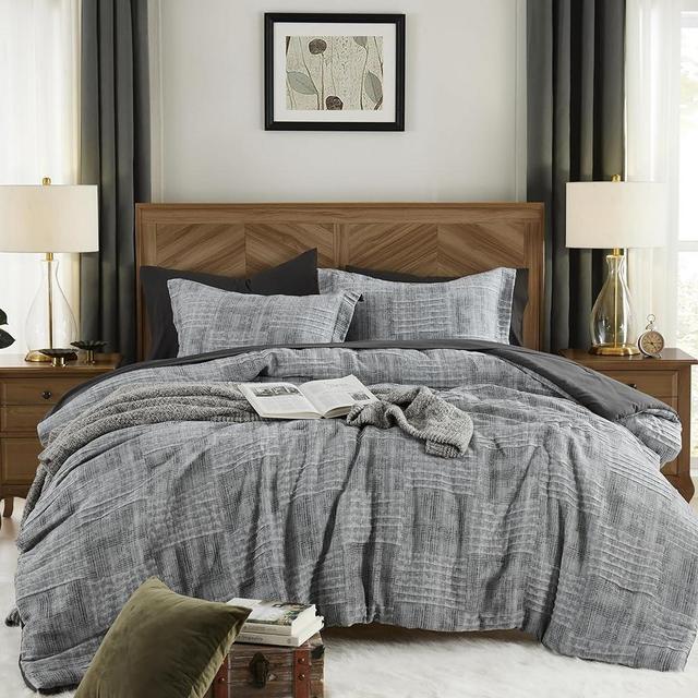 MaiRêve Charcoal Grey Queen Comforter Set, Textured Design Grey Crinkle Bed in A Bag Queen Size, Queen Comforter Set with 7 Pieces with Comforter, Sheets, Pillowcases & Shams 90"x 90"