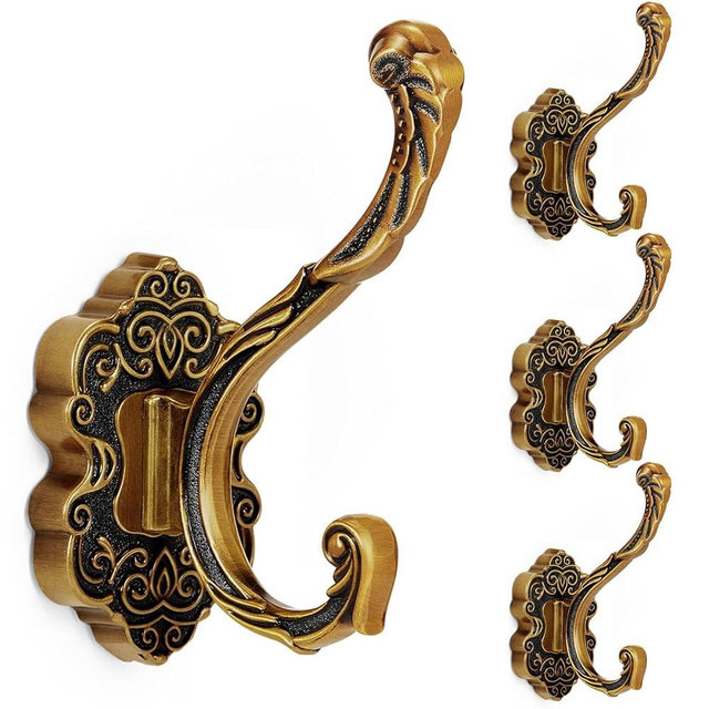 Zonon 4 Pcs Vintage Coat Hooks Antique Brass Wall Hooks for Hanging Purse Hat Keys Clothes Curtain Unique Heavy Duty Bathroom Decor