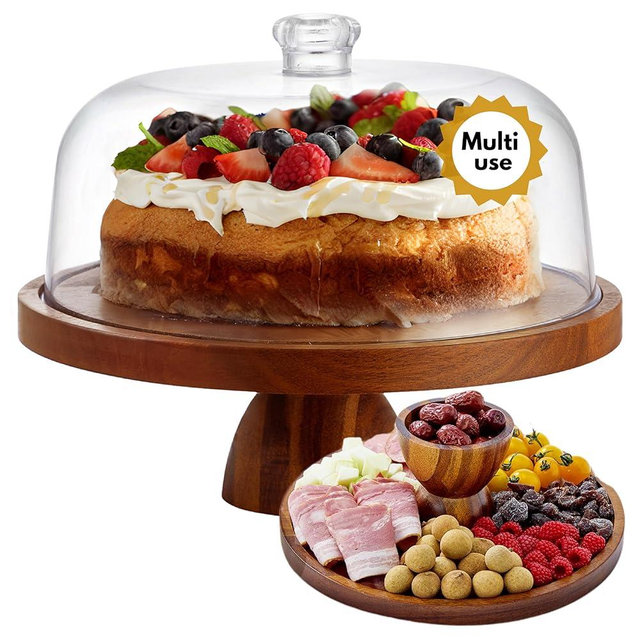 ELDOMA Acacia Wood Cake Stand with Acrylic Dome (Not Glass) – 12in 2-in-1 Desserts & Charcuterie Board, Multi-Functional Display Stand with Detachable Lid – Stackable, Durable Cake Plate with Dome
