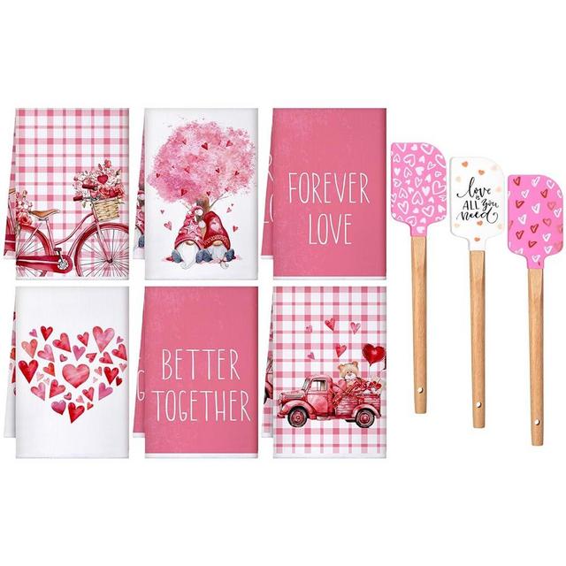 SmoothNovelty 9 Pcs Pink Valentine's Day Kitchen Accessories Decor 6 Kitchen Towels 3 Heart Silicone Spatulas with Wooden Handles Pink Heart Gnome Bicycle Truck Dish Towels for Wedding Anniversary