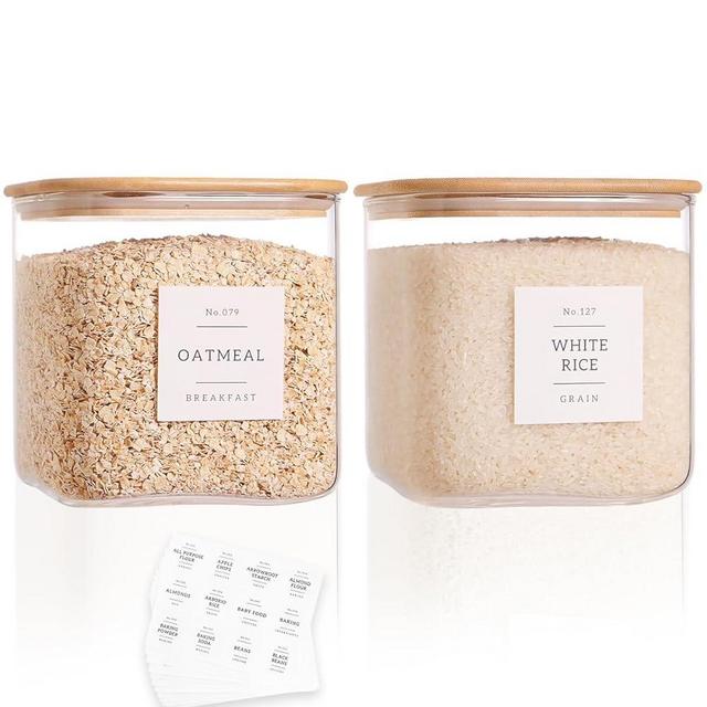 2 Pack Square Glass Flour and Sugar Containers with 132 Kitchen Pantry Labels - Thicken 85 FL OZ Large Glass Storage Jars with Airtight Bamboo Lid - Big Food Canisters for Cookies, Candy, Tea, Coffee