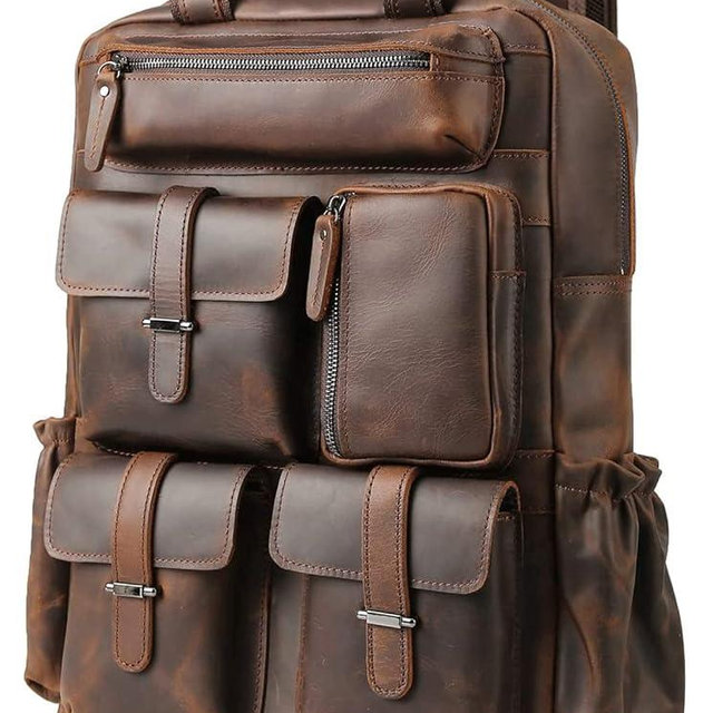 Masa Kawa Leather Backpack for Men Vintage 15.6 Inch Laptop Bag Multi Pockets Casual Travel Daypack Brown