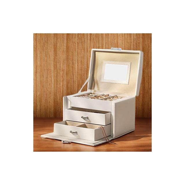 3-Tier Jewelry Box, Travel Case with Handle, 2 Drawers, Lockable Organizer with Mirror, Modern Style, Gift for Loved Ones, White