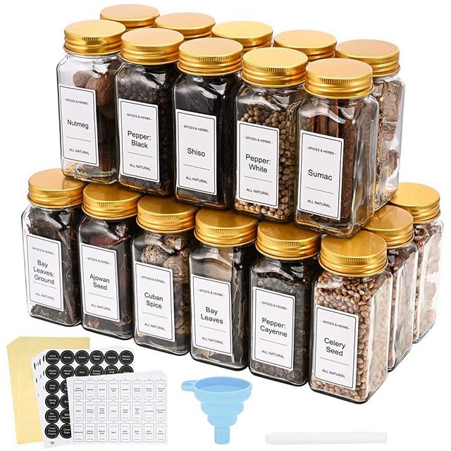 28 Pcs Spice Jars with Label, Umeantobee 4 Oz Glass Spice Jars with Lids, Spice Container Condiment Pot With White Printed Spice Labels, Empty Spice Jars with Shaker Lids for Spice Rack Cabinet Drawer Gold