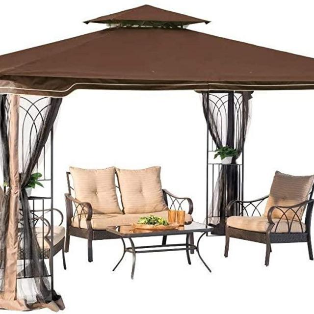 Sunjoy L-GZ798PST-E-A New Regency III Gazebo 10' x 12' with Mosquito Netting, Brown