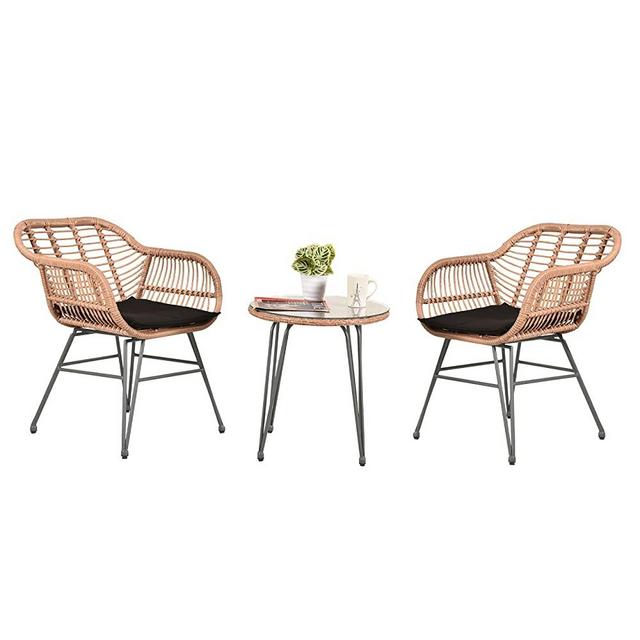 Leasbar 3 Piece Patio Conversation Bistro Set Porch Furniture Rattan Wicker Chairs，Outdoor Modern Garden Furniture Set for Porch Backyard Pool