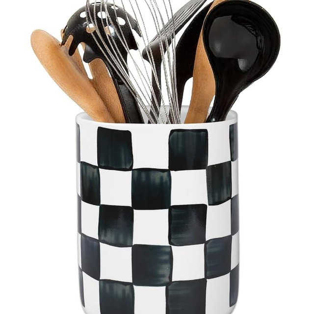 JarThenaAMCS Checkered Ceramic Utensil Holder Watercolor Black White Plaid Utensil Crock for Home Kitchen Countertop Storage Organizer