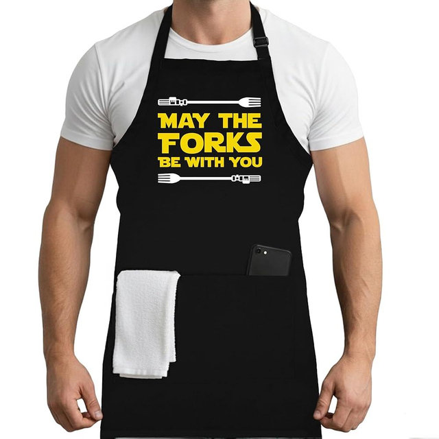 Adult Cooking Apron | May The Forks Be With You | BBQ Grill or Kitchen Apron with Pockets | Fun Grilling Accessories