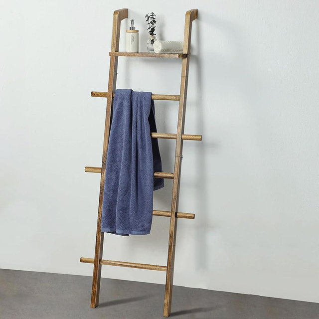 Taozun 67-Inch Wooden Blanket Ladder with Shelf for Living Room - 5-Tier Farmhouse Towels and Quilt Rack Decor - Leaning Wall Display Holder for Blankets and Throws