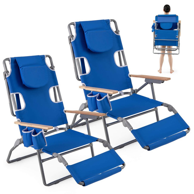 Costway 2 PCS 3-IN-1 Foldable Beach Chair with Face Hole, Footrest, Adjustable Backrest Navy