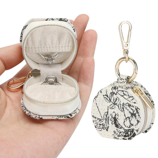 KUKUVR Jewelry Ring Holder Storage Box with Keychain, Portable Gym Jewelry Storage Case, Small Travel Ring Earring Stud Necklace Storage Case for Women Girl (Printing)