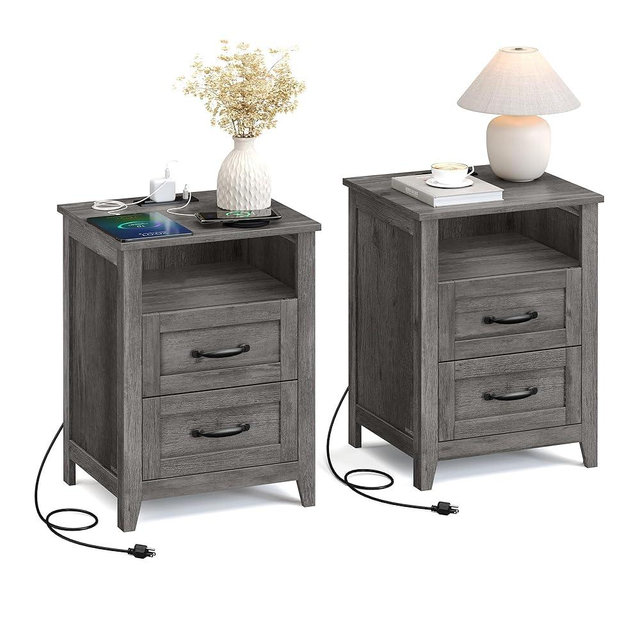 VASAGLE LIRY Collection - Farmhouse Nightstands with Charging Station, Set of 2 Bedside Tables, Side Tables with 2 Drawers, Open Compartment, for Bedroom, Misty Gray ULET869G01