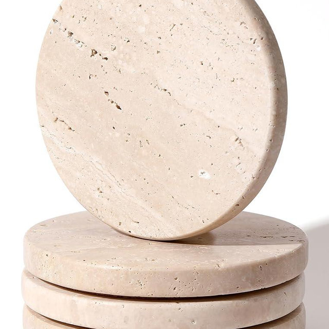 CHISELED ST DF SKEnglish Version: Natural Travertine 4" Round Beige Marble Coasters - Set of 4, Perfect Office Coasters and