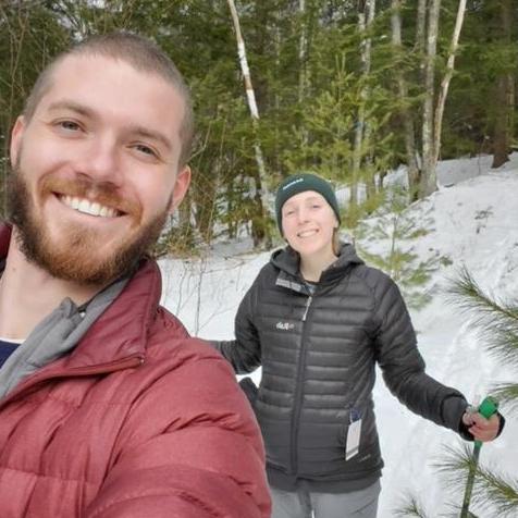 A brief moment in time when we both had very short hair! backcountry cross-country skiing at Church in the Woods in New Hampshire - February 2020