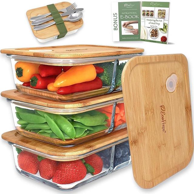 EcoPreps Glass Meal Prep Containers with Bamboo Lids, 2 Compartment Glass Bento Box Containers【3 Pack】 100% Plastic Free, Eco-Friendly, Glass Food Storage Containers, Glass Lunch Containers with Lids