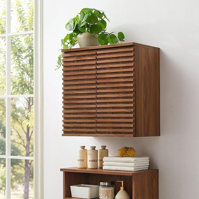 Modway Render Wall Mounted Bathroom Cabinet in Walnut - 23.5 Inch Compact Wall Storage with Slatted Doors and Adjustable Shelves for Bathroom or Laundry Room
