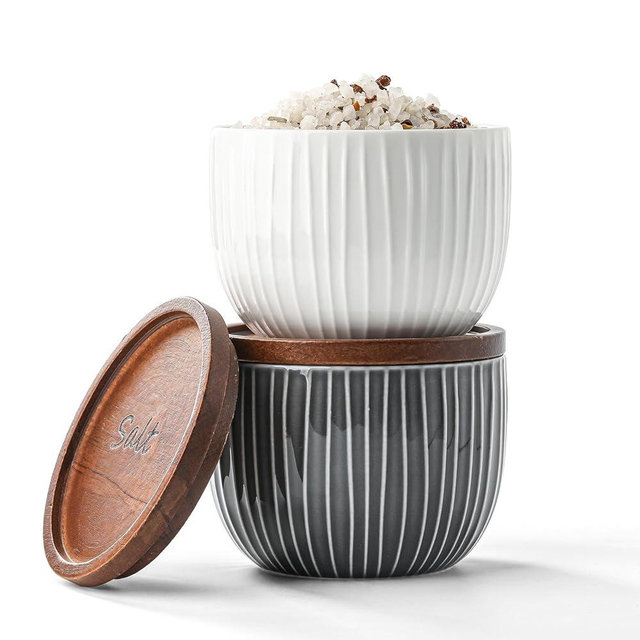 Adewnest Ceramic Salt and Pepper Bowls: 10 oz Stackable Spice Cellar with Wooden Lid - Stacked Seasoning Storage Containers for Kitchen Countertop - Grey & White, Set of 2