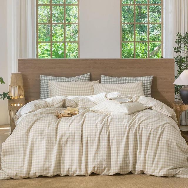 MooMee Gingham Duvet Cover Set 100% Washed Cotton Linen Like Textured Breathable Durable Soft Comfy Modern Checkered Design (Almond Milk Grey Gingham, Queen 90"x90")