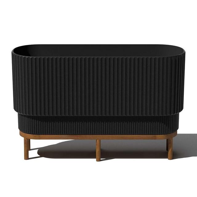 Veradek Demi Series Raised Long Planter for Indoor/Outdoor Use | Made from Plastic & Concrete w/Wooden Stand | Modern Patio Décor for Flowers/Shrubs