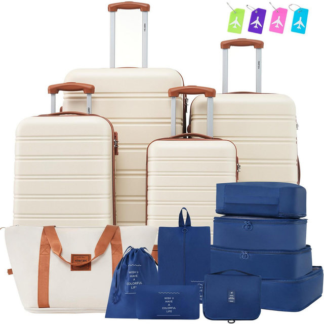 4 PCS Expandable ABS Hard Shell Luggage Set with Spinner Wheels and TSA Lock + Travel Bags, White - ModernLuxe