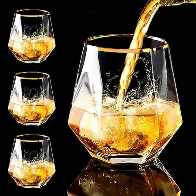 Diamond Whiskey Glasses, 4 PCS Rocks Glasses Gold Banded Cocktail Drinkware for Rum, Scotch or Wine Glasses, Tumblers Old Fashion Elegant Glass Unique Christmas New year Mother's Day Gifts (Clear)
