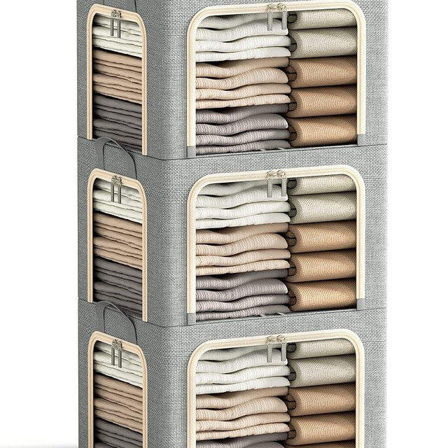 3 Openings Clothes Storage Bins with Metal Frame, Foldable Storage Bin for Clothes, Clothing Storage Bins with Lid, Linen Storage Box With Clear Window＆ Zippers＆ Durable Handles.(3 Pcs,Light Grey,40L)