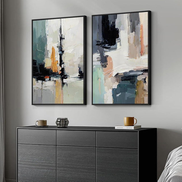 Large Framed Colorful Abstract Wall Art, Set of 2 Modern Canvas Prints Paintings Artwork for Walls, Bright Blue Green Multicolor Pictures for Living Room Hallway Dining Bedroom Wall Decor 20x30 In