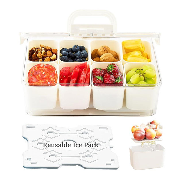 Hugabow Portable Snackle Box Container with Ice Pack, Cooling Travel Charcuterie Box with Lid, Snack Cooler with Divided Serving Tray, with 8 Compartments & Drain Trays, for Outdoor Parties, Picinics