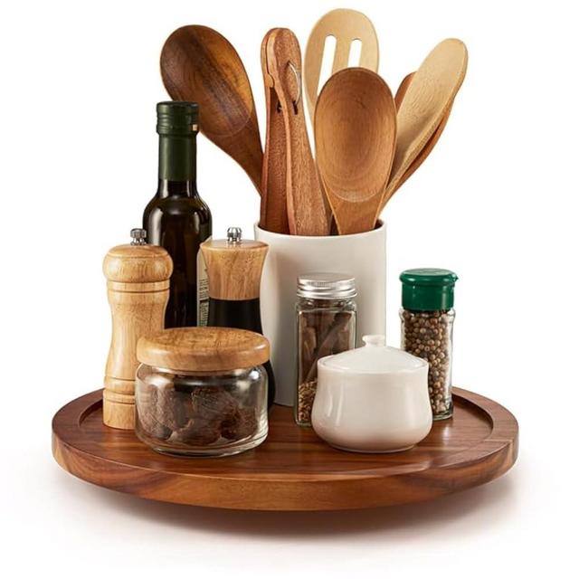 TIDTIA 10" Acacia Wood Lazy Susan Organizer for Cabinet - Round Lazy Susans Turntable for Countertop - Wooden Kitchen Rotating Storage Food Bin Container for Centerpiece Table, Spices, Pantry