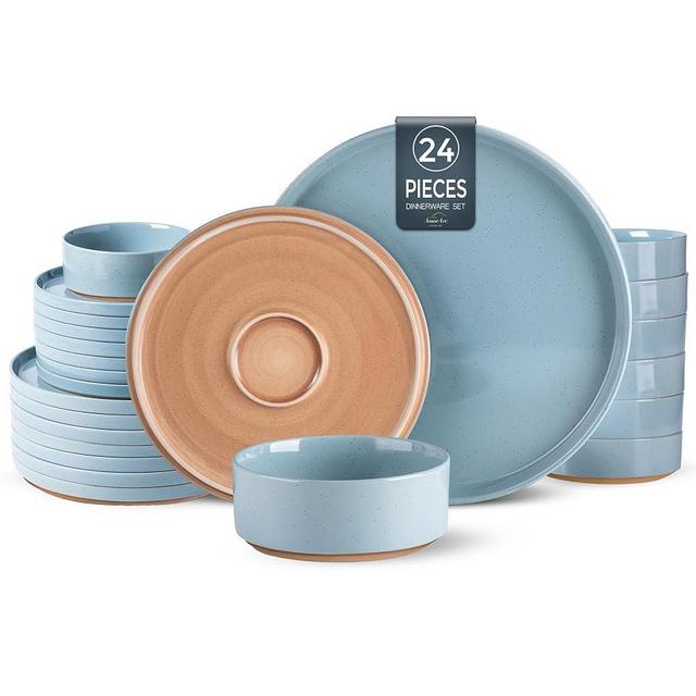 AmorArc Ceramic Dinnerware Set for 8 | Speckled Stoneware Plates and Bowls with Rustic Terracotta Underside| Scratch Resistant,Dishwasher & Microwave Safe Dishes Sets- 24pcs Blue