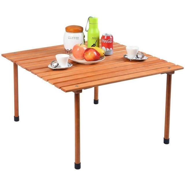 COSTWAY Wood Roll Up Portable Table for Outdoor Camping, Picnics, Beach w/Carrying Bag