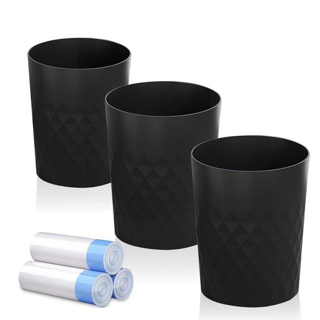 JiatuA 3 Pack Small Trash Can with Trash Bags Bathroom Garbage Bin Round Plastic Waste Basket for Kitchen, Bedroom, Office, College Dorm, Craft Room, Black