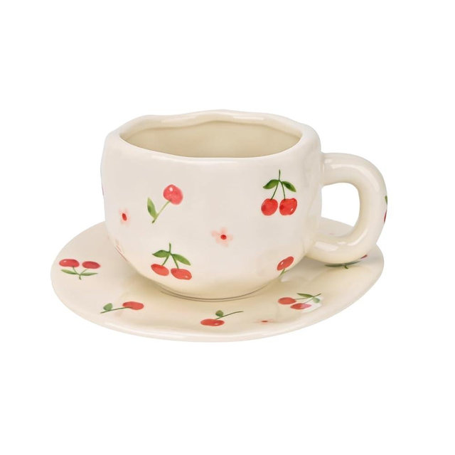Koythin Ceramic Coffee Mug with Saucer Set, Creative Cute Cherry Cup Unique Irregular Design for Office and Home, 10 oz/300 ml for Latte Tea Milk