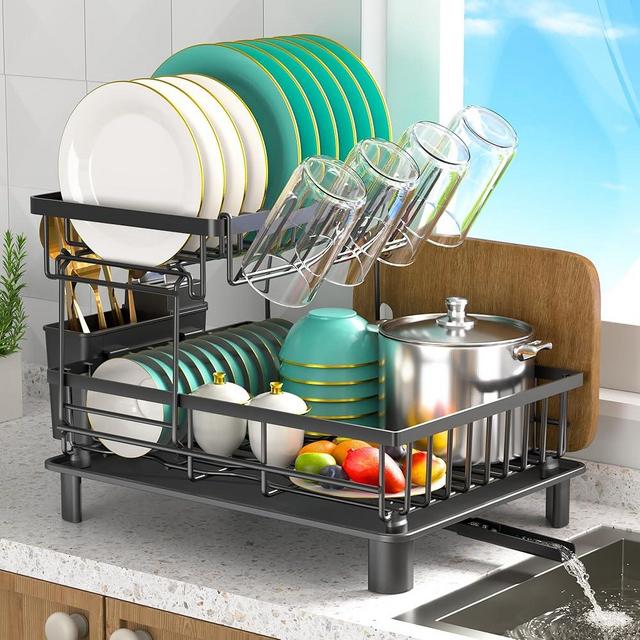 IMXSUMDA Dish Drying Rack, 2 Tier Dish Racks for Kitchen Counter, Detachable Drying Rack with Drain, Compact Dish Drainer with Drainboard,Utensil Holder,Cup Holder for Small Space, Black