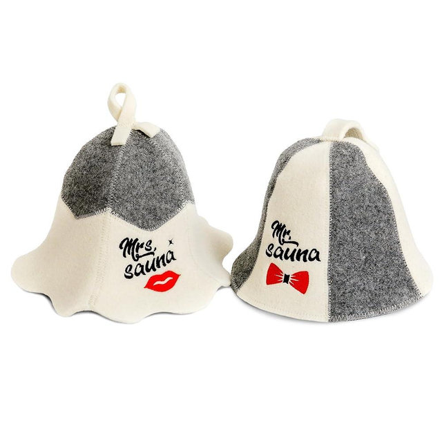 SAUNA GURU Sauna Hat 'Mrs and Mrs Sauna' White - 100% Organic Wool Felt Hats for Russian Banya - Protect Your Head from Heat - English Sauna eBook Guide Included - with Embroidery