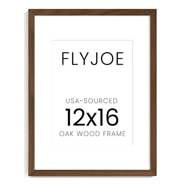 FLYJOE 12x16 Oak Wood Picture Frame with Mat for 8.5x11, 12 by 16 USA-Sourced Natural Solid Wooden Photo Frame for Wall Display, Shatterproof Plexiglass, Hanging Hardware Included, 1 Pack,Walnut Color