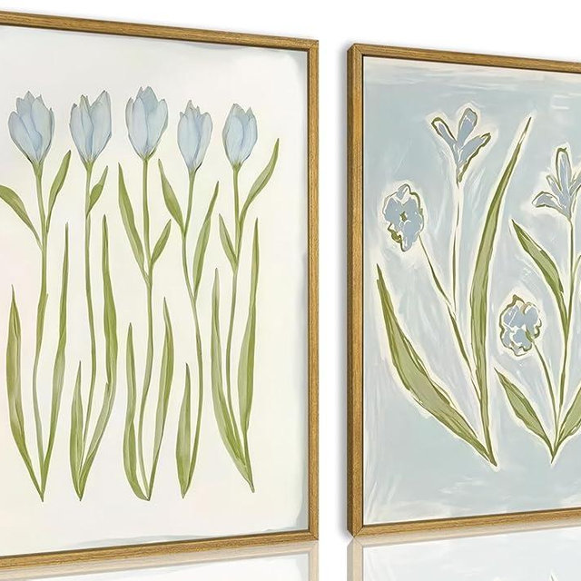 wanyun Blue Tulip Flower Wall Art Set of 2, Watercolor Floral Preppy Canvas Poster Prints, Modern Botanical Painting Aesthetic Picture for Living Room Bedroom Bathroom Apartment Wall Decor 12x16 Inch Framed