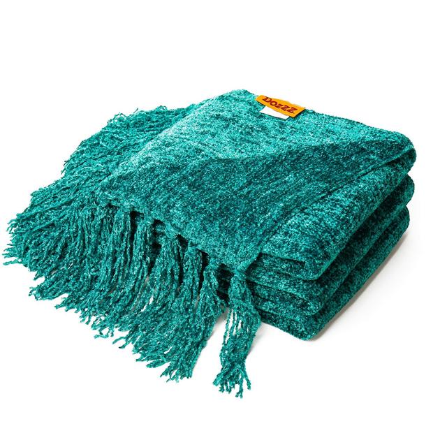 DOZZZ Fluffy Chenille Knitted Throw Blanket with Decorative Fringe for Home Décor Bed Sofa Couch Chair Teal