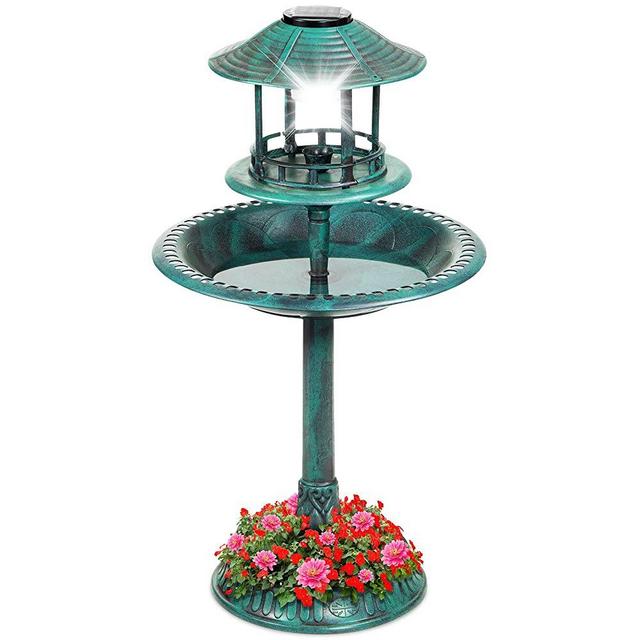 Best Choice Products Solar Outdoor Bird Bath Vintage Resin Pedestal Fountain Decoration for Yard, Garden w/Planter Base, Feeder, Decorative Bird Cage, Fillable Stand - Green
