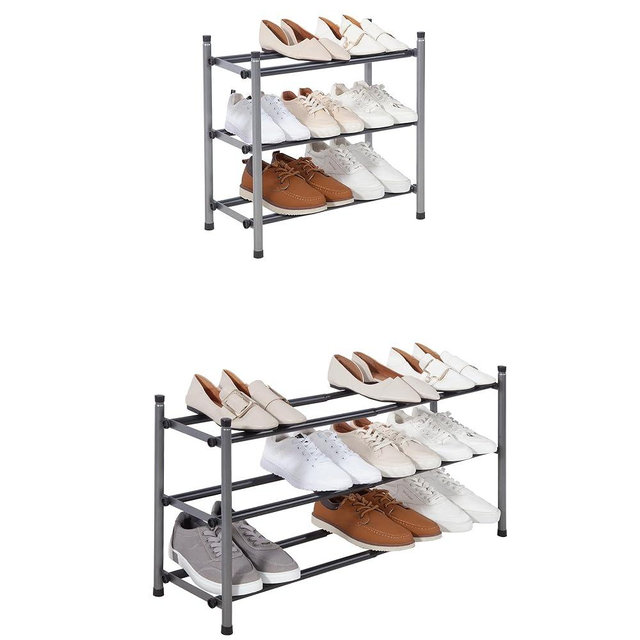 STORAGE MANIAC Expandable Shoe Rack, Stackable Shoe Rack for Closet, Small Shoe Rack Organizer for Entryway, Adjustable Shoe Rack for Garage, Shoe Rack for Front Door, Metal Shoe Rack, Black 3 Tier