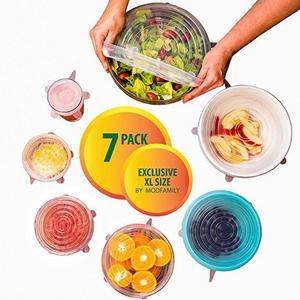 Silicone Stretch Lids (7 pack, includes EXCLUSIVE XL SIZE), Reusable, Durable and Expandable to Fit Various Sizes and Shapes of Containers. Superior for Keeping Food Fresh, Dishwasher and Freezer Safe