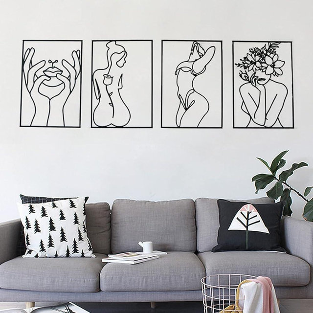 Glamativity 4 Pack Black Wall Art Décor, Minimalist Décor Single Line Art Wall Décor, Real Metal Wall Art, Woman's Body Shape Abstract Wall Art (Black Classic Style, M Size 17 x 11.8'')