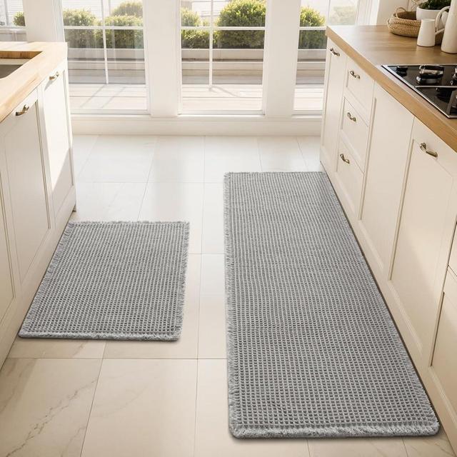 PADOOR Waffle Kitchen-Rugs Sets of 2, Kitchen Rugs Non Slip Washable Absorbent Kitchen-Mats for Floor, Comfort Kitchen Runner Rugs for in Front of Sink, Hallway, Laundry(Grey, 20"x47"+20"x32")