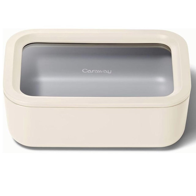 Caraway Glass Food Storage, 6.6 Cup Glass Container,Ceramic Coated Food Container,Easy to Store, Non Toxic, Non Stick Lunch Box Container with Glass Lids. Dishwasher, Oven,Square Shape,Cream