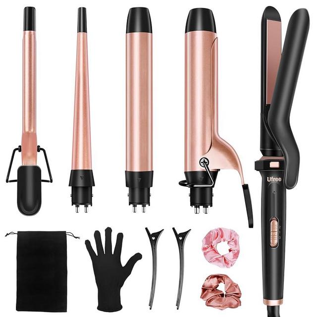 Ufree 5 in 1 Curling Iron with Interchangeable Ceramic Barrels (0.35"-1.25"), Curling Wand Set with Flat Iron Hair Straightener, Professional Instant Heat Up, Dual Voltage Hair Curler, Women Gifts