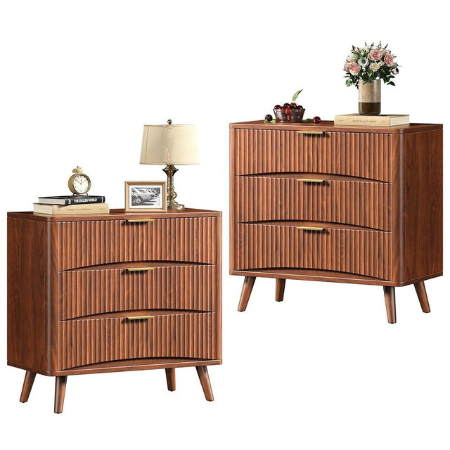 Evermagin 31.5W×29“H Large Fluted Nightstands Set of 2, Mid Century Modern 3 Drawer Night Stand Bedside Table, Small Wood Dresser for Bedroom, End Table with Storage, Walnut Oak