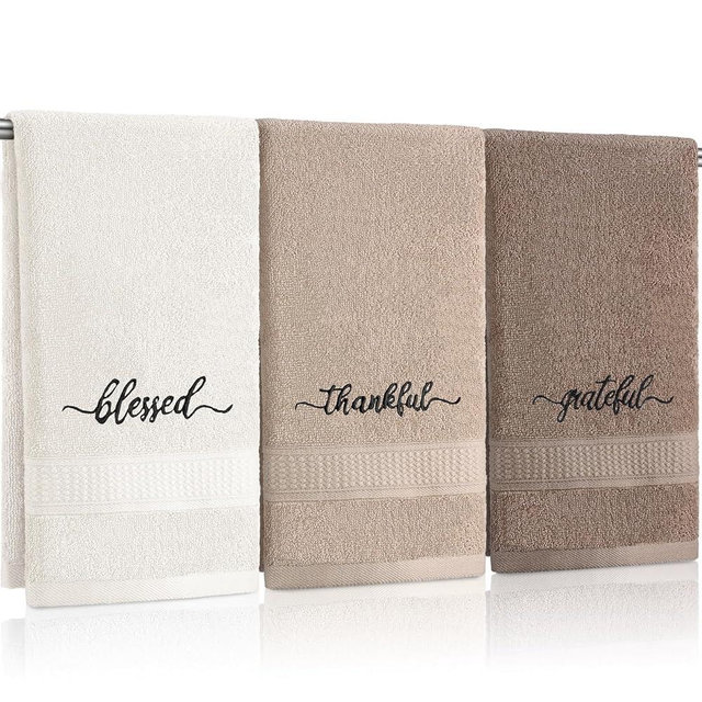 Peryiter 3 Pcs Farmhouse Bathroom Decor Hand Towels 14x29 Inch Cotton Bath Towels Rustic Embroidered for Boho Kitchen Decor Inspirational Christian Gift (Brown Series,Blessed Thankful Grateful)