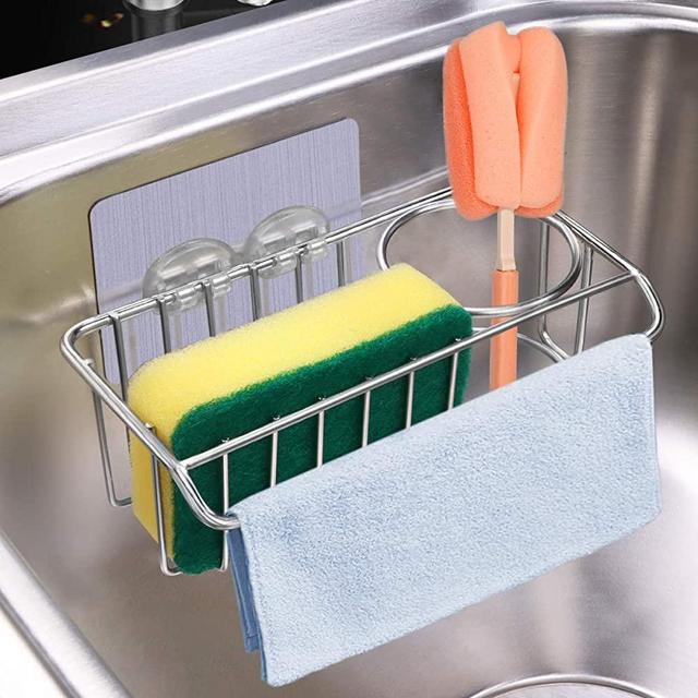 Adhesive Sponge Holder, Brush Holder + Dish Cloth Hanger, Aiduy 3-in-1 Sink Caddy for Kitchen, SUS304 Stainless Steel Rust Proof Water Proof and No Drilling