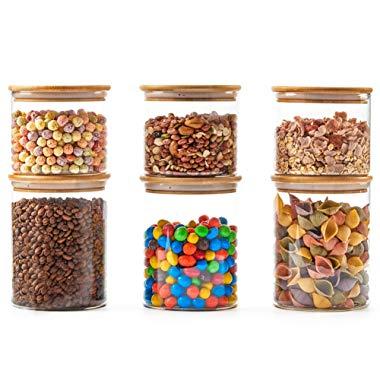 EZOWare 6 Piece Glass Jars Air Tight Canister Kitchen Food Storage Container Set with Natural Bamboo Lids for Candy, Cookie, Rice, Sugar, Flour, Pasta, Nuts