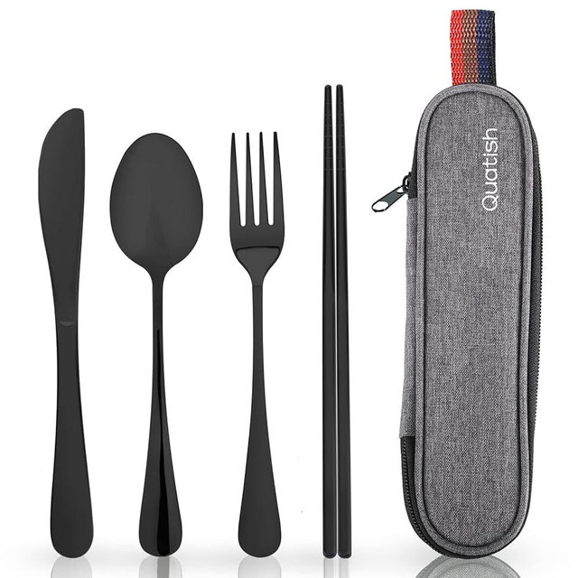 Travel Utensils with Case, Quatish Portable Silverware Set for Work, Lunch Reusable Travel Cutlery Set, 304 Stainless Steel Fork and Spoon Set for Camping